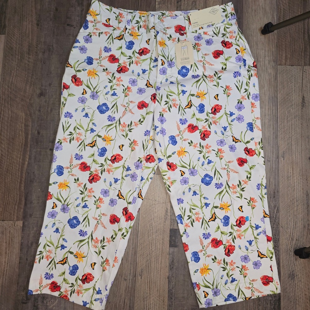 St Johns Bay Floral Capri Pants Womens 8 White Multi Butterfly Tummy Control NWT - Picture 3 of 16
